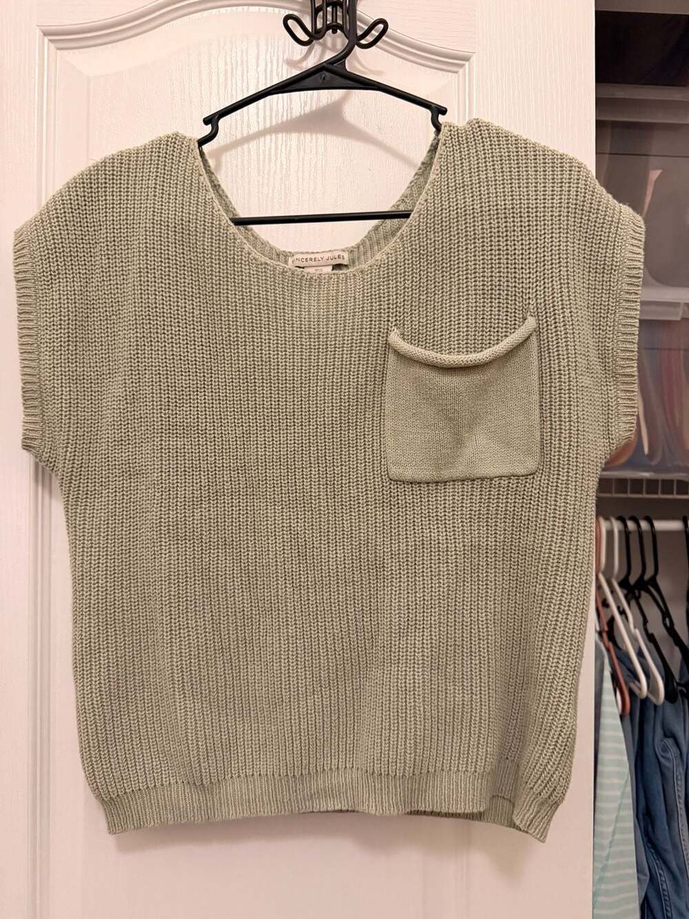 Sincerely Jules Knit Sweater Vest Size S Green Pocket Scoop Neck